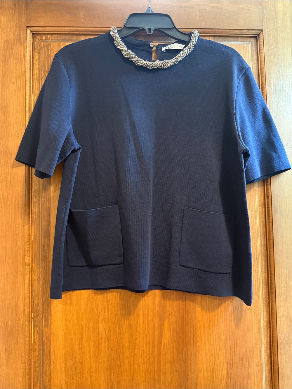 Zara Navy Short-Sleeve Knit Top with Pocket Accents